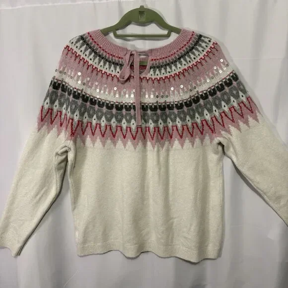 Talbots Icicle Fair Isle Sweater Cream Pink Bow Back Sequin Size XL Winter - Picture 7 of 11